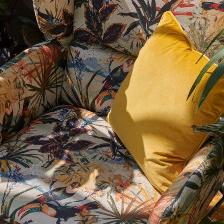Toucan tissu ameublement imprimé toucan et jungle tropicale, de Clarke & Clarke, pour chaise, fauteuil, canapé, coussins et rideaux, vendu par la rime des matieres, bon plan tissu et frais de port offerts
