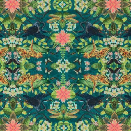 Wonderlust Tea Story tissu ameublementvelours lavable imprimé lépards et hérons de la jungle tropicale, de Clarke & Clarke, pour chaise, fauteuil, canapé, coussins et rideaux, vendu par la rime des matieres, bon plan tissu et frais de port offerts