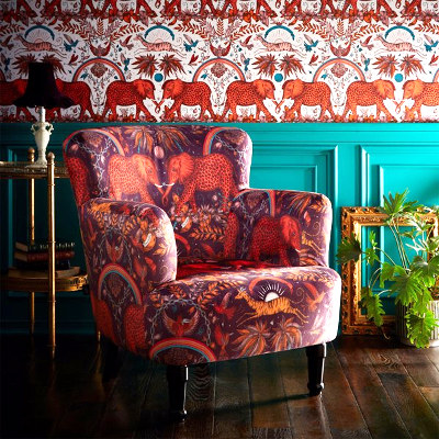 Zambezi Velvet tissu velours imprimé animalier tropical pour chaise, fauteuil, canapé, jeté de lit et rideaux, de Clarke & Clarke, vendu par la rime des matieres, bon plan tissu