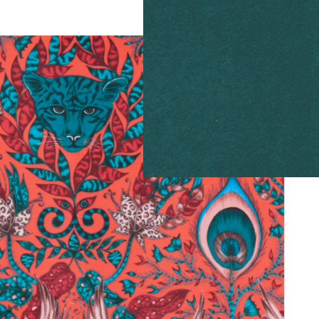 tissus d'ameublement coordonnés Amazon Velvet red et Alvar kingfisher, tissus Clarke & Clarke, vendus par la rime des matières, bon plan tissu et frais de port offerts