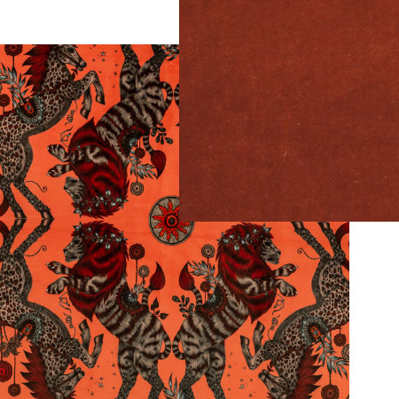 tissus d'ameublement coordonnés Caspian Velvet coral et Alvar flamingo, tissus Clarke & Clarke, vendus par la rime des matières, bon plan tissu et frais de port offerts