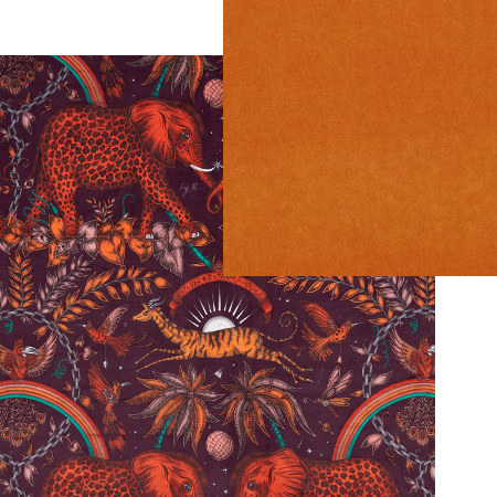 tissus d'ameublement coordonnés Zambezi Velvet wine et Alvar sunset, tissus Clarke & Clarke, vendus par la rime des matières, bon plan tissu et frais de port offerts