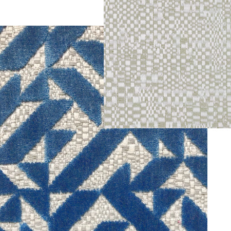 tissus d'ameublement coordonnés Dufrene cobalt et Petazzi zinc, tissus Designers Guild, vendus par la rime des matières, bon plan tissu et frais de port offerts