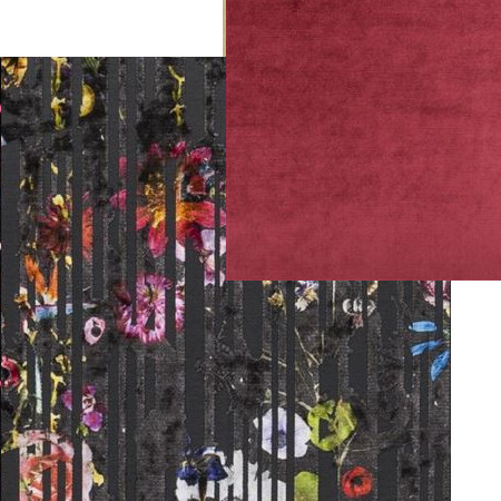 tissus d'ameublement coordonnés Babylonia Nights Soft crépuscule et Vicenza cassis, tissus Christian Lacroix et Designers Guild, vendus par la rime des matières, bon plan tissu et frais de port offerts