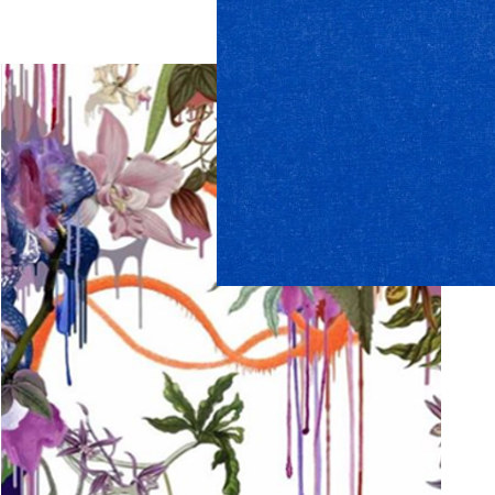 tissus d'ameublement coordonnés Orchids Fantasia et Cassia cobalt, tissus Christian Lacroix et Designers Guild, vendus par la rime des matières, bon plan tissu et frais de port offerts