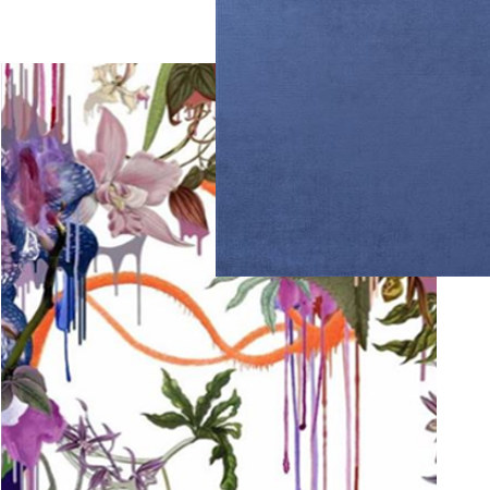 tissus d'ameublement coordonnés Orchids Fantasia et Vicenza indigo, tissus Christian Lacroix et Designers Guild, vendus par la rime des matières, bon plan tissu et frais de port offerts