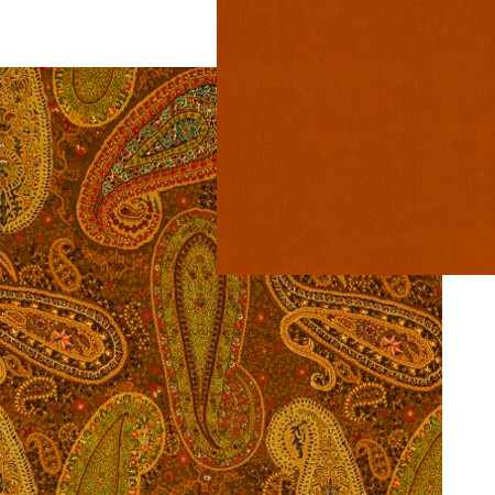 Tissus d'ameublement coordonnés Peregrine Paisley motif cachemire coloris spice et uni velours Mulberry coloris spice, tissus Mulberry Home, vendus par la rime des matières, bon plan tissu et frais de port offerts