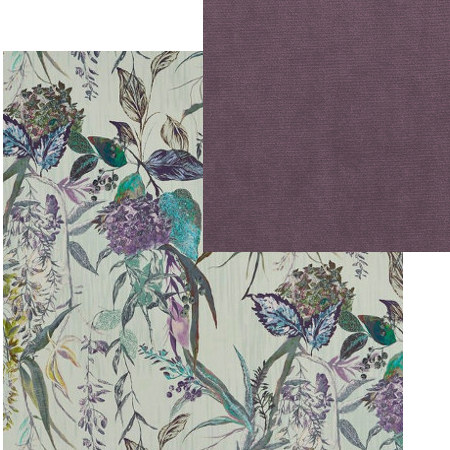tissus d'ameublement coordonnés Botanist evergreen et Velour mulberry, tissus Prestigious Textiles, vendus par la rime des matières, bon plan tissu et frais de port offerts