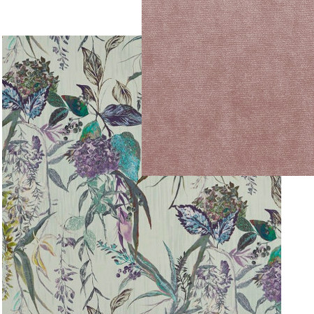 tissus d'ameublement coordonnés Botanist evergreen et Velour petal, tissus Prestigious Textiles vendus par la rime des matières, bon plan tissu et frais de port offerts