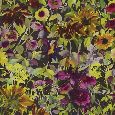 Indian Sunflower tissu ameublement lin mélangé imprimé floral design contemporain de Designers Guild, pour fauteuil, canapé et rideaux,  vendu par la rime des matieres, bon plan tissu