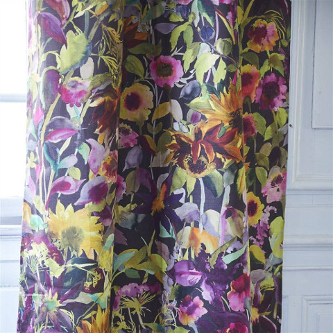 Indian Sunflower tissu ameublement lin mélangé imprimé floral design contemporain de Designers Guild, pour fauteuil, canapé et rideaux,  vendu par la rime des matieres, bon plan tissu