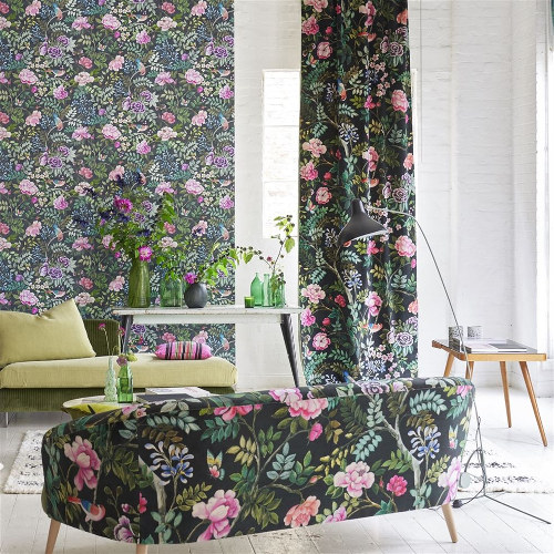 tissu d'ameublement Porcelaine de Chine velours motif floral de Designers Guild, pour chaise, fauteuil, canapé, rideaux, stores et coussins, vendu par la rime des matieres offre bon plan tissu et frais de port offerts