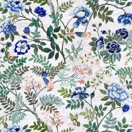 tissu d'ameublement Porcelaine de Chine de Designers Guild, lin pur chiné  motif floral, pour rideaux, stores et coussins, vendu par la rime des matieres offre bon plan tissu et frais de port offerts