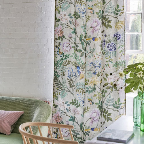 tissu d'ameublement Porcelaine de Chine de Designers Guild, lin pur chiné  motif floral, pour rideaux, stores et coussins, vendu par la rime des matieres offre bon plan tissu et frais de port offerts