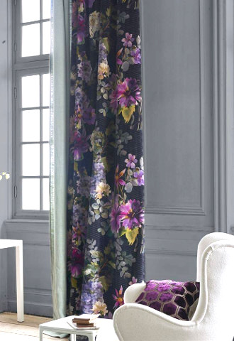Rideau tissu ameublement Shalimar Garden, velours imprimé floral  de Designers Guild, vendu par la rime des matieres, bon plan tissu