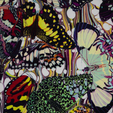 Papillons tissu d'ameublement lavable et coresponsable de Jean-Paul Gaultier, motif papillons multicolores, tissu vendu par la rime des matieres, frais de port offert