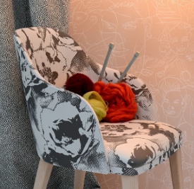 Pivonka tissu ameublement imprimé  de Jean Paul Gaultier pour rideau, fauteuil, canapé et coussins,vendu par la rime des matieres