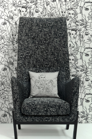Regard tissu ameublement imprimé de Jean Paul Gaultier pour fauteuil, canapé et rideau, vendu par la rime des matieres