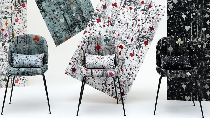 Tarot tissu ameublement souple et doux de Jean Paul Gaultier, motif paysage magique  pour  rideaux, fauteuil et canapé, vendu par la rime des matieres