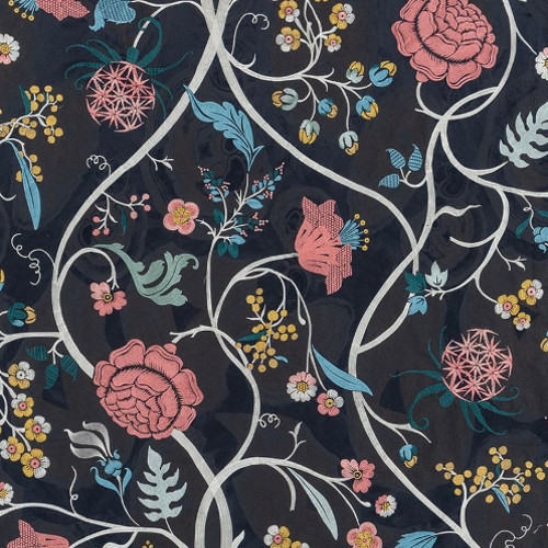 Darius Garden tissu ameublement de Christian Lacroix, lin mélangé motif floral avec broderies de roses sur fond agate noire, pour rideaux, stores et coussins, vendu par la rime des matieres, bon plan tissu et frais de port offerts