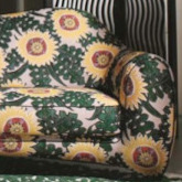 Soleils tissu ameublement jacquard motif fleurs de tournesol  de Christian Lacroix,  superbe motif inspiré des toiles de Van Gogh à Arles, pour  chaise, fauteuil, canapé, rideaux et coussins, vendu par la rime des matieres, bon plan tissu et frais de port offerts