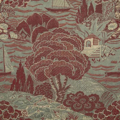 la Traversee tissu ameublement  motif paysage , collines et voiliers stylisés,  de lelièvre vendu par la rime des matieres bon plan tissu et frais de port offerts