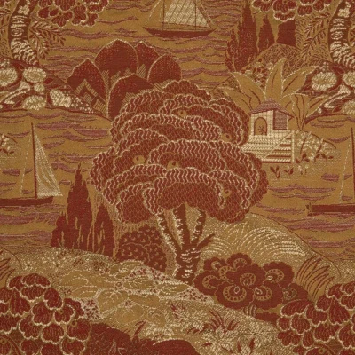 la Traversee tissu ameublement  motif paysage , collines et voiliers stylisés,  de lelièvre vendu par la rime des matieres bon plan tissu et frais de port offerts