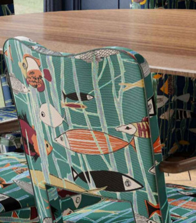 tissu ameublement Lagon de Lelièvre,  toile coton épaisse texturée effet lin, motif aquarium design années 50, pour chaise, fauteuil, canapé, coussin, rideau, tissu vendu par la rime des matieres, bon plan et frais de port offerts