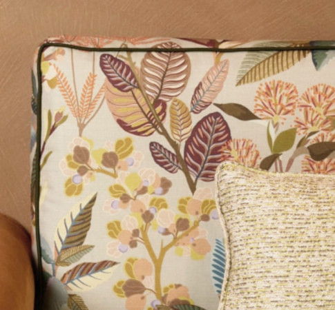 L'Oasis tissu ameublement grande largeur motif végétal stylisé lavable et non feu de lelièvre vendu par la rime des matieres bon plan tissu et frais de port offerts