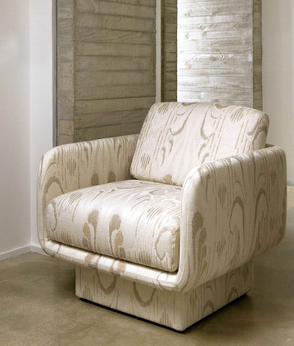 tissu ameublement Sculpture de Lelièvre,  jacquard en lin mélangé motif ikat moderne,  pour chaise, fauteuil, canapé, coussin, rideau, tissu vendu par la rime des matieres, bon plan et frais de port offerts