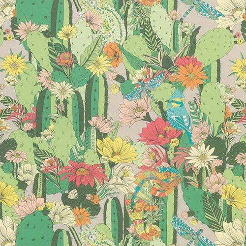 Cactus garden tissu ameublement lin mélangé imprimé cactus stylisés design pou chaise, fauteuil, canapé, rideaux, nappe et coussin, de Matthew Williamson pour Osborne & Little, vendu par la rime des matieres, bon plan tissu ameublement