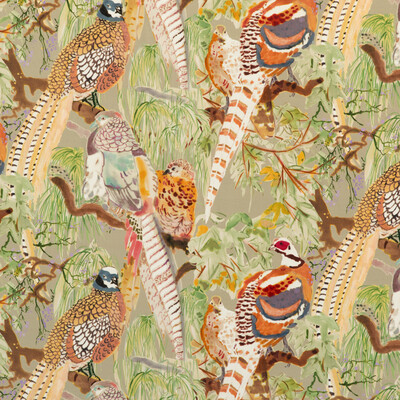 Game Birds Velours tissu ameublement de Mulberry Home, motif oiseaux sauvages colors, pour chaise, fauteuil, canap, rideaux, coussins et tte de lit, vendu par La Rime des Matires, bon plan tissu et frais de port offerts