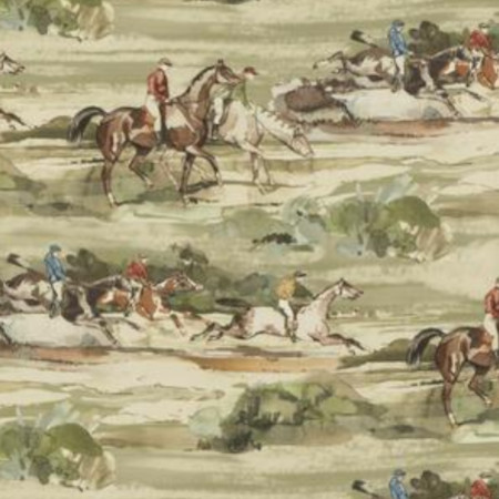 Morning Gallop tissu lin naturel,  motifs  sports équestres,  de Mulberry Home, vendu par la rime des matieres, bon plan tissu et frais de port offerts