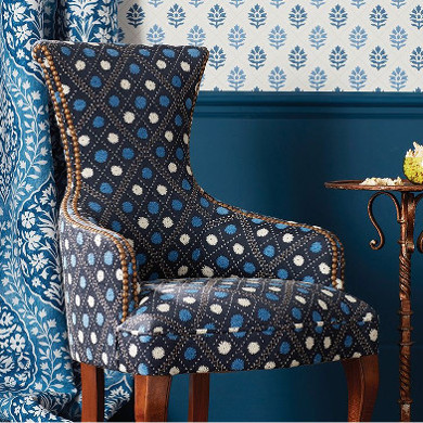 claribel tissu ameublement  motif treillis et pompons de Niina Campbell pour fauteuil, canapé et rideaux  vendu par la rime des matieres bon plan tissu