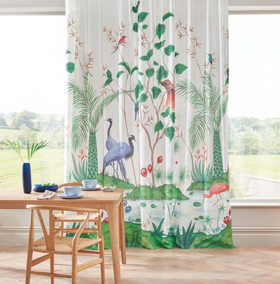 Mirage  tissu ameublement en lin naturel, grande largeur, design jardin paradisiaque et oiseaux exotiques, pour rideaux, vendu par la rime des matieres bon plan tissu et frais de port offerts