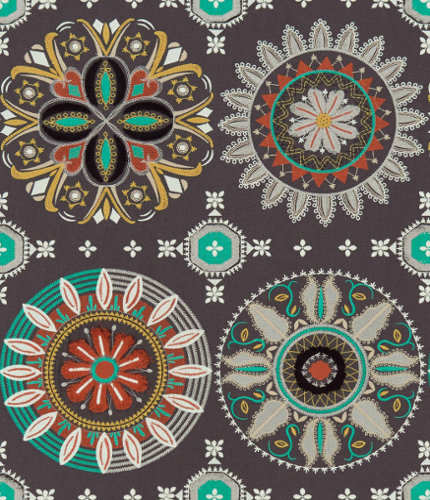 Temara tissu ameublement motif cocardes colorées brodées pour coussins et rideaux de osborne & little vendu par la rime des matieres bon plan tissu et frais de port offerts