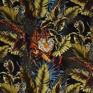 Bengal Tiger tissu lavable pour rideau, stores et coussin, de Prestigious Textiles, motif jungle design tropical, vendu par la rime des matieres, bon plan tissu et frais de port offerts