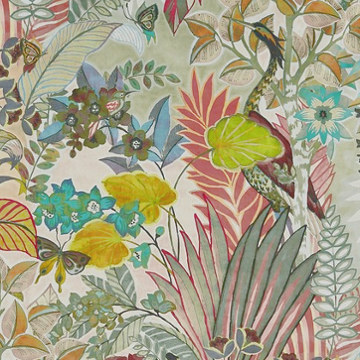 Hidden Paradise tissu lavable pour rideau, stores et coussin, de Prestigious Textiles, motif design tropical, vendu par la rime des matieres, bon plan tissu et frais de port offerts