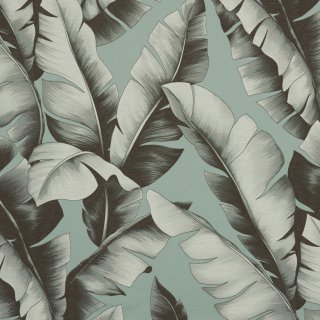 Cabana tissu ameublement de Sahco, motif tropical feuilles de bananier, lavable et non feu, pour  rideaux et coussisn, vendu par la rime des matieres, bon plan tissu et frais de port offerts