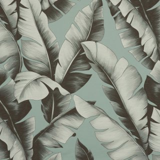 Cabana tissu ameublement de Sahco, motif tropical feuilles de bananier, lavable et non feu, pour rideaux et coussisn, vendu par la rime des matieres, bon plan tissu et frais de port offerts