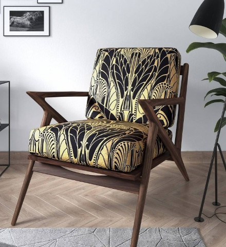 fauteuil scandinave tissu ameublement brocatelle soie Vitrail de Tassinari et Châtel, motif végétal stylisé Art Nouveau, Art Déco, tissu vendu par la rime des matieres