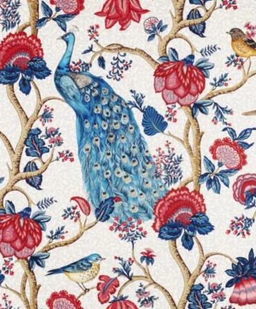 tissu Alexandra Velours de Thévenon, motif jardin extraordinaire et oiseaux paons, lavable, pour chaise, fauteuil, canapé, rideaux et coussins, vendu par la rime des matieres, bon plan tissu et frais de port offerts. 