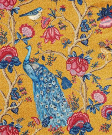 tissu Alexandra Velours de Thévenon, motif jardin extraordinaire et oiseaux paons, lavable, pour chaise, fauteuil, canapé, rideaux et coussins, vendu par la rime des matieres, bon plan tissu et frais de port offerts. 