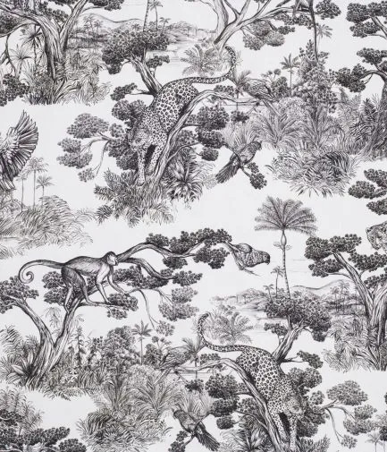tissu Animalia de Thévenon, style toile de Jouy motif animalier, lavable, pour chaise, fauteuil, canapé, rideaux et coussins, vendu par la rime des matieres, bon plan tissu et frais de port offerts. 