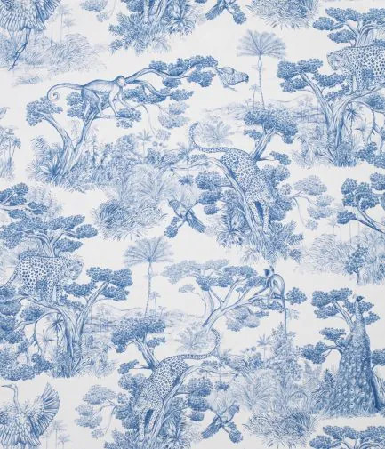 tissu Animalia de Thévenon, style toile de Jouy motif animalier, lavable, pour chaise, fauteuil, canapé, rideaux et coussins, vendu par la rime des matieres, bon plan tissu et frais de port offerts. 