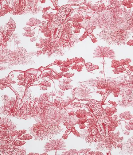 tissu Animalia de Thévenon, style toile de Jouy motif animalier, lavable, pour chaise, fauteuil, canapé, rideaux et coussins, vendu par la rime des matieres, bon plan tissu et frais de port offerts. 