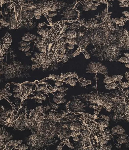 tissu Animalia de Thévenon, style toile de Jouy motif animalier, lavable, pour chaise, fauteuil, canapé, rideaux et coussins, vendu par la rime des matieres, bon plan tissu et frais de port offerts.