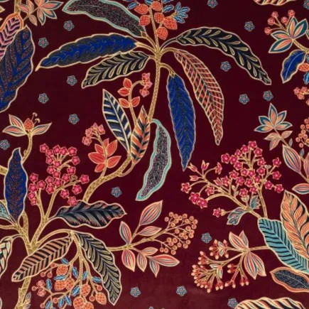 Bibi Velours tissu d'ameublement lavable, motif floral végétal stylisé , de Thévenon, pour chaise, fauteuil, canapé, tête de lit, rideaux et coussins, vendu par la rime des matieres, bon plan tissu et frais de port offerts. 