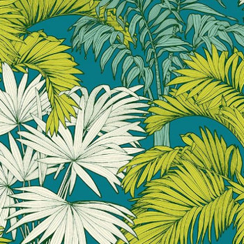 tissu d'ameublement Coco de Thévenon, motif végétal feuillage exotique, grande largeur 280 cm, lavable, pour chaise, fauteuil, canapé, rideaux et coussins, vendu par la rime des matieres, bon plan tissu et frais de port offerts. 