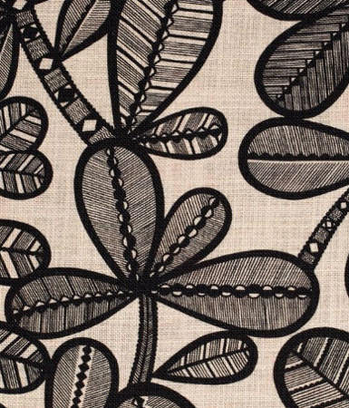 tissu ameublement lin élangé Fao de Thévenon, motif végétal stylisé esprit ethnique, pour chaise, fauteuil, canapé, rideaux et coussins, vendu par la rime des matieres, bon plan tissu et frais de port offerts. 